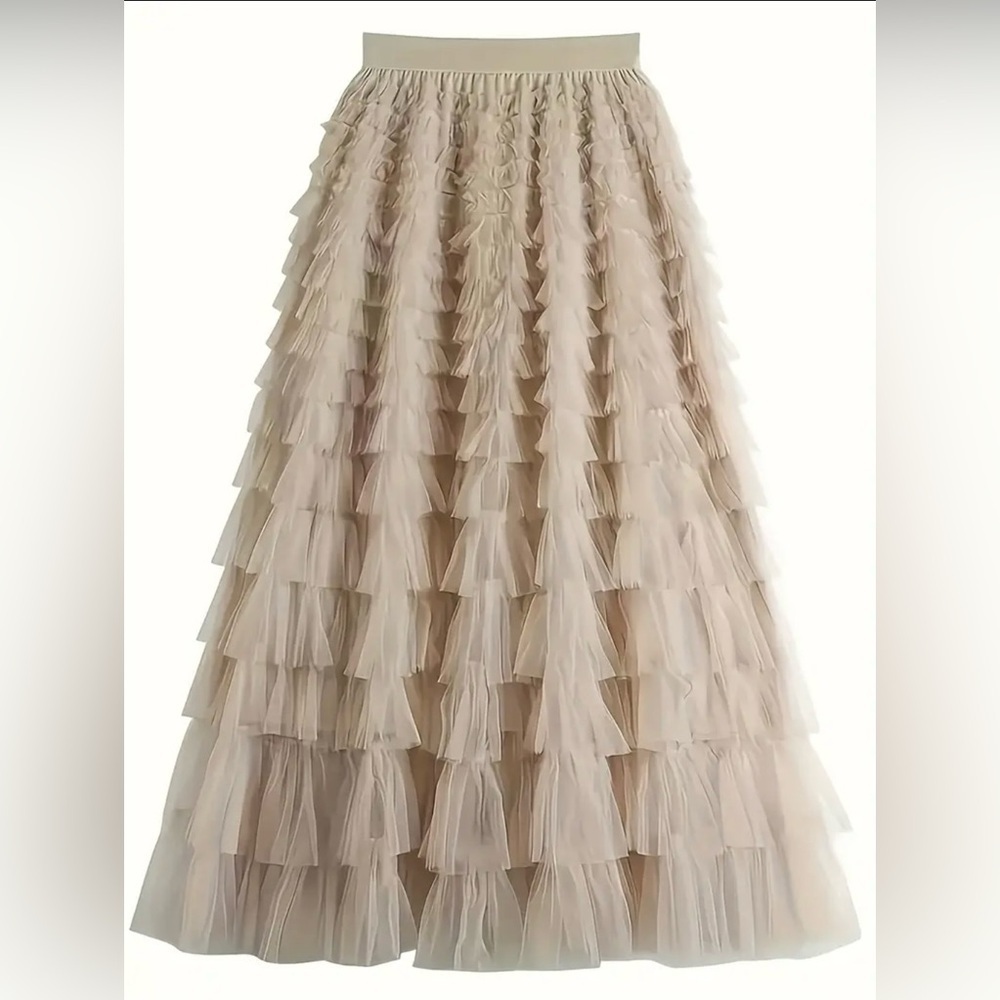 Beige Tulle Ruffle Maxi Skirt NWT Layered Tiered Fairycore Balletcore Neutral L - Picture 5 of 5